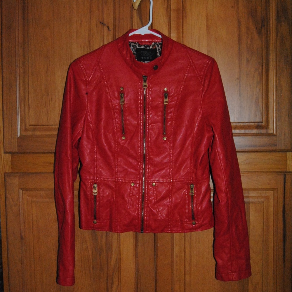 TCEC Red Faux Leather Motorcycle Jacket Large